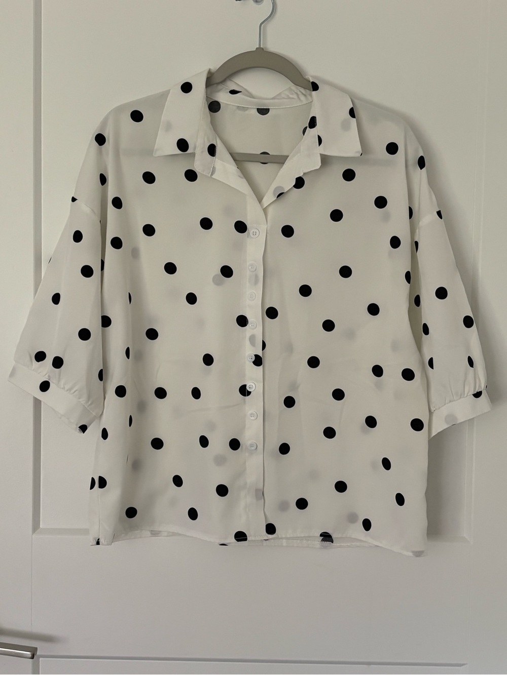 Amazon White Button-Down Blouse with Black Polka Dots